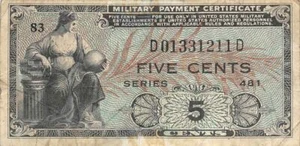 US / MPC  5  Cents  ND. 1948  Series  481  Plate  83  Circulated Banknote M6 - Picture 1 of 2