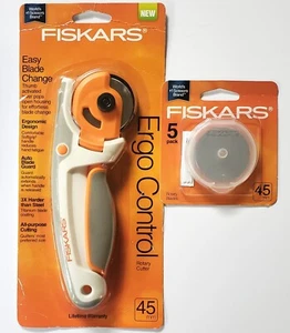 FISKARS Ergo Control 45 mm ROTARY CUTTER + 5 Extra BLADES NEW in Pkgs QUILTING - Picture 1 of 2