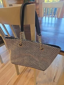 Calvin Klein Vintage Woven Tweed Parquet Pattern Tote Black & White Zig Zag - Picture 1 of 10
