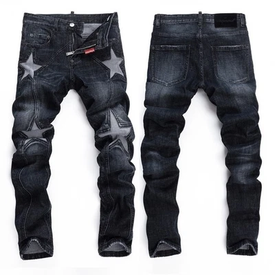 Pantalones de mezclilla para hombre punk ajustados elásticos estrellas retazos negros lavados Foto 1 de 4
