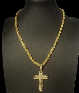 Gold Seil Kette Kruzifix Anhänger Halskette 14kGP Religiöser Schmuck Jesus Christus - Bild 1 von 6