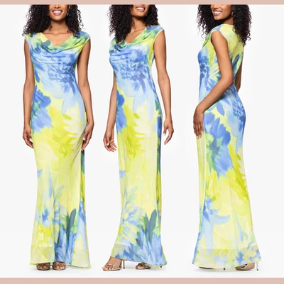 NWD $269 Betsy & Adam [ 8 ] Isabel Chiffon Cowl Neck Gown Citrine Yellow u1554 - Image 1 of 4