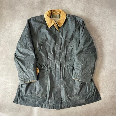 Burberrys Waxed Jacket Womens Large 90s Corduroy CHeck Lined Coat, Green - Image 1 of 4