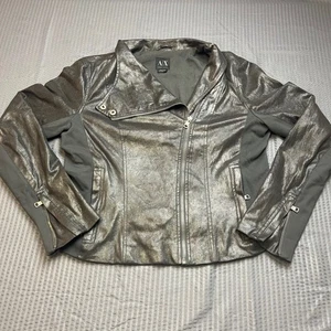 Armani Exchange Damen L/G Metallic Silber Moto Faux Jacke Biker Reißverschluss Large - Bild 1 von 11