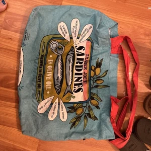 Trader Joe's blaue Sardinen Olivenöl Canvas Beuteltasche wiederverwendbar Lebensmittelgeschäft Einkaufstasche - Bild 1 von 4