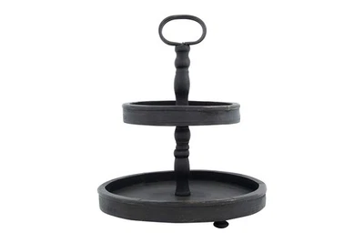 EC0112 Distressed Wood 2-Tier Tray with Metal Handle, Black - Image 1 of 4