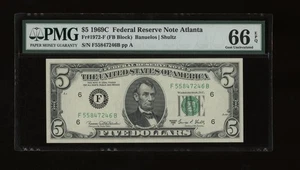 DBR 1969-C $5 FRN Atlanta Gem Fr. 1972-F PMG 66 EPQ Serial F55847246B - Picture 1 of 2