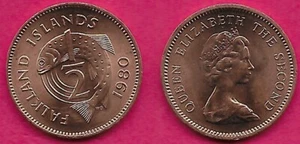 FALKLAND ISLANDS 1/2 PENNY 1980 UNC SALMON BEHIND DENOMINATION DATE AT RIGHT,RUL - Picture 1 of 1