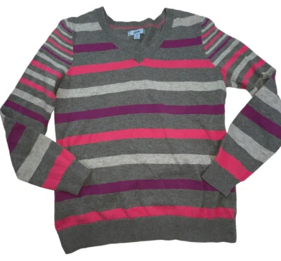 izod Suéter Mujer S Gris Rosa Rayas Cuello en V Manga Larga Foto 1 de 4