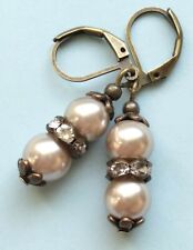 TAUPE Glass Pearl CRYSTAL earring BRONZE LEVER BACK artisan
