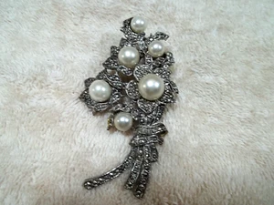 Vintage Flower Bouquet Pin, Silver Tone Metal, Faux Pearls, Marcasite Stones - Picture 1 of 3