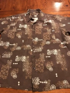 TASSO ELBA Brown Print Silk Linen Blend Short Sleeve Button Down Shirt Sz L (V1) - Picture 1 of 9