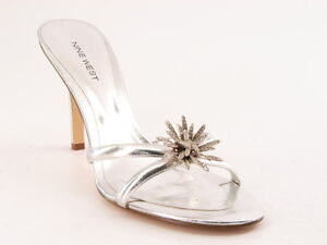New NINE WEST Women Silver Stiletto Heel Slide Sandal Embellished Shoe Sz 9 M