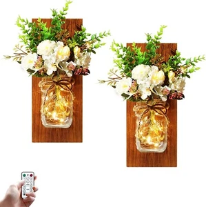 Rustic Decor Living Room Mason Jars Fairy Lights w/Artificial Flowers Set of 2 - Picture 1 of 5