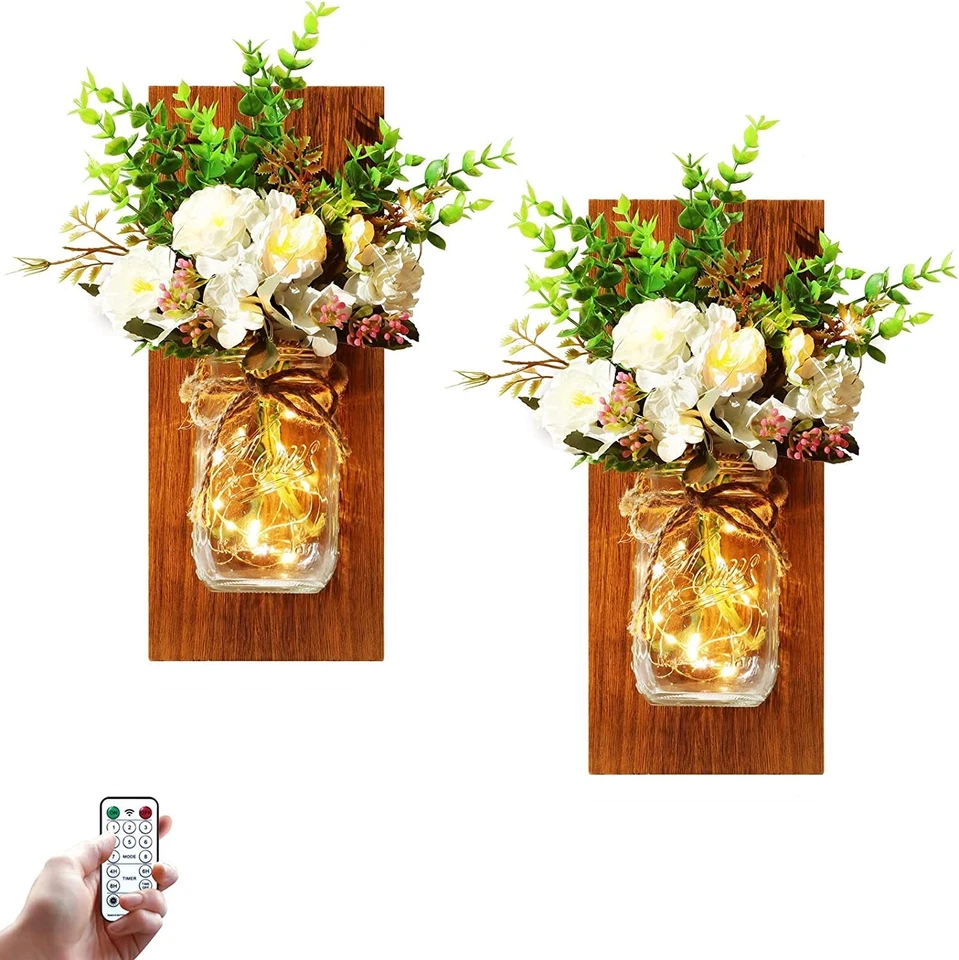 Rustic Decor Living Room Mason Jars Fairy Lights w/Artificial Flowers Set of 2 - Image 1 of 4