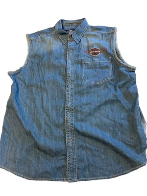 Mens HARLEY DAVIDSON Bar & Shield Flames Blowout Denim Muscle Shirt Sz XL - Image 1 of 4
