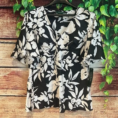 Lauren Ralph Lauren Silk Blouse Medium Petite Floral Black White Flutter Sleeves - Image 1 of 4