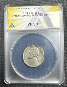 1942 D/Horizontal D Jefferson Nickel - ANACS VF 30 - RPM-001, FS-501 - Picture 1 of 5