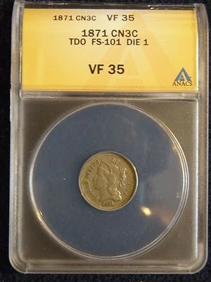  1871 "3" CENT NICKEL  ANACS VF 35  "VARIETY TRIPLE DIE OBVERSE"   - Image 1 of 2