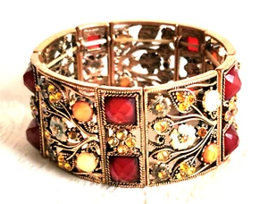 VINTAGE ENAMEL FLOWERS CITRINE YELLOW CLARET RED CRYSTALS BRACELET TUDORESQUE - Picture 1 of 12