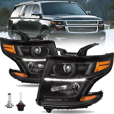 Projector Headlights For 2015-2020 Chevy Tahoe Suburban Black Headlamps LH&RH Foto 1 de 4