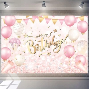 Pink Happy Birthday Banner Rose Gold Party Backdrop for Women & Girls 5x3ft - Picture 1 of 8