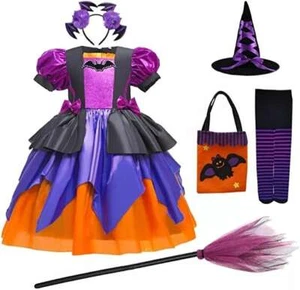 Bat Witch Toddler Girls Kids Dress With Hat, Headband, Broom, Pantyhose and - Picture 1 of 4