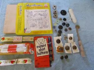 Vintage Sewing Notion Lot: Metal Buttons, Aunt Martha's Transfers, Ribbon, Plus - Picture 1 of 16
