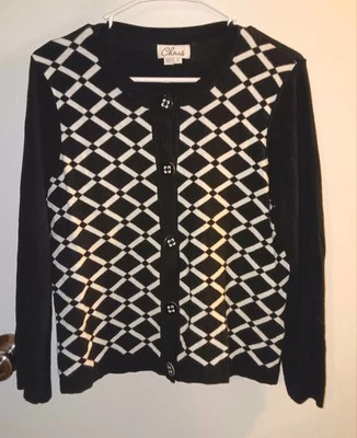 Cárdigan Suéter Chaus Negro Blanco Cuadros Botón Frontal Mujer’s Talla Pequeña Foto 1 de 4