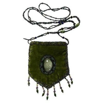 Bolso amuleto verde oliva con cuentas 100% seda verde terciopelo cartera de hombro   Foto 1 de 4