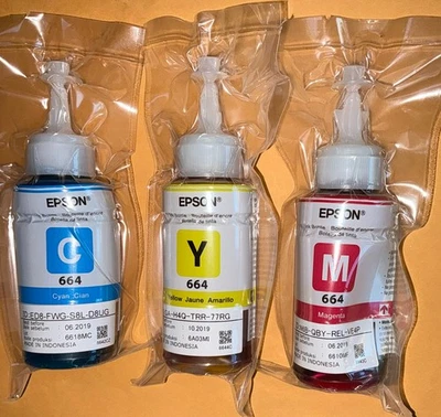 Set of 3 GENUINE Epson 664 EcoTank Inks {Cyan-Magenta-Yellow} *FREE SHIPPING* - Image 1 of 4