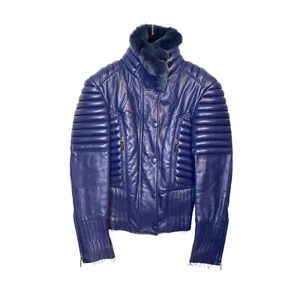Versace leather jacket blue with fur lined collar IT 38 - Picture 1 of 5