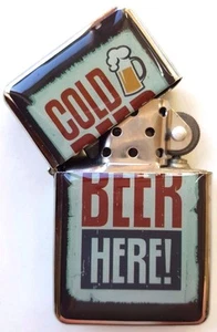 Vintage Beer Design Metal Windproof Flip Top LIGHTER. Cold Beer Here! - Picture 1 of 5