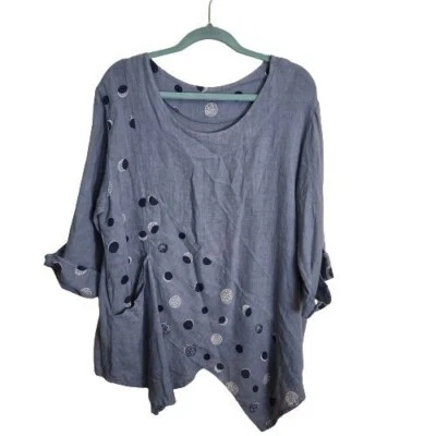 Top tunica Arty 100% lino look lagon blu a pois orlo asimmetrico taglia unica - Immagine 1 di 4