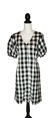 Loft Dress Womens 12 Black White Gingham Plaid Button Up Linen Blend - Image 1 of 4