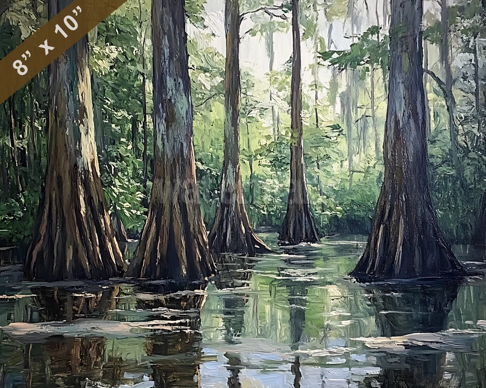 Congaree cypress trees in a swamp oil painting 8x10 Print