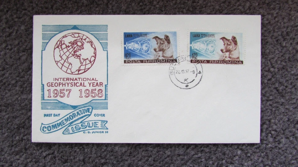 ROMANIA SCOTT 1200 A&B LAIKA AND SPUTNIK II  INT. GEOPHYSICAL YEAR FDC RARE - Image 1 of 1