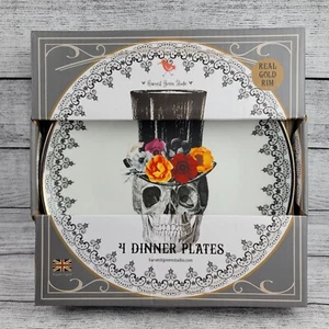 Juego de 4 platos de cena rosas sombrero calavera Halloween estudio verde cosecha borde dorado - Imagen 1 de 2