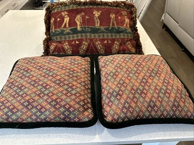 Vintage Golf Jacquard Tapestry Decorative Throw Pillows Set of 3 Fringe Cording - Image 1 of 4
