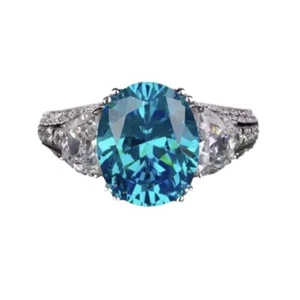 Oval Shaped Blue Aquamarine Ring 18K White Gold Finish Lab-Created - Picture 1 of 1