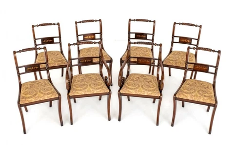Set Regency Dining Chairs Mahogany Brass Inlay Cover
