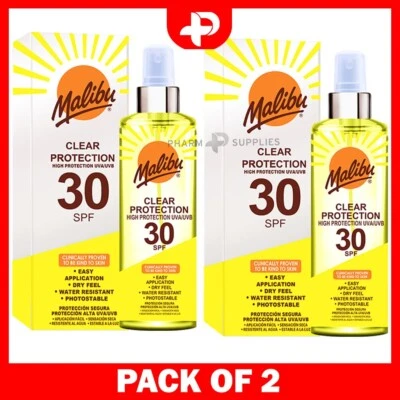 2 x Malibu Sun LSF 30 Clear Spray hoher Schutz trockenes Gefühl wasserfest 200ml