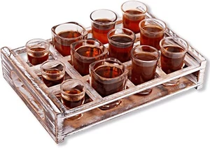 Rustic Wood Shot Glass Serving Tray w/ 12 Holes for Most Kinds of Shot Glasses - Picture 1 of 7