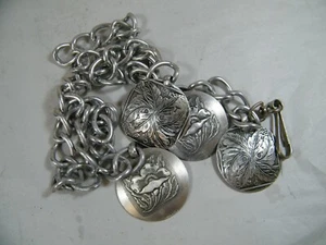 VINTAGE CHAIN BELT WITH FLOWER MEDALLIONS 35" LONG ALUMINUM - Picture 1 of 12