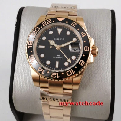 Relógio masculino automático 40mm bliger mostrador preto caixa ouro rosa vidro de safira GMT - Imagem 1 de 4