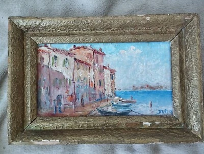Tableau Ancien Huile Sur Carton Bord De Mer V. Bruzac Antibes Cote D'azur  - Photo 1/4