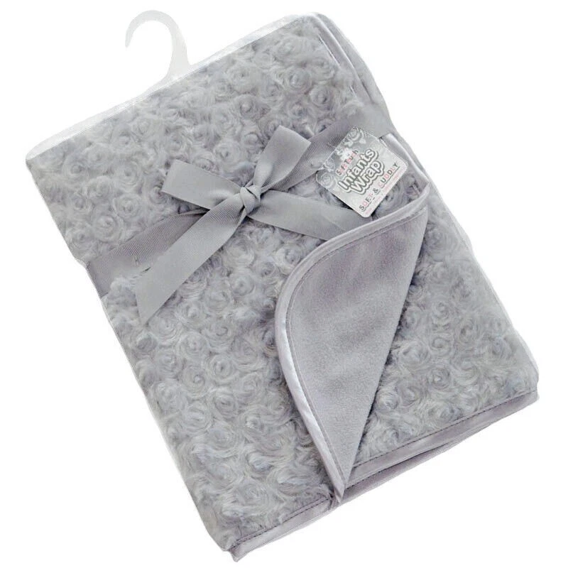 Baby Girls Rosebud Fleece Blanket Wrap Shawl Satin Trim Soft Touch Grey - Image 1 of 1