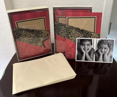 2 Boxes (22 Cards 24 Envelopes) Photo Holder W/Note Sheet Red Gold Black Bow - Image 1 of 4