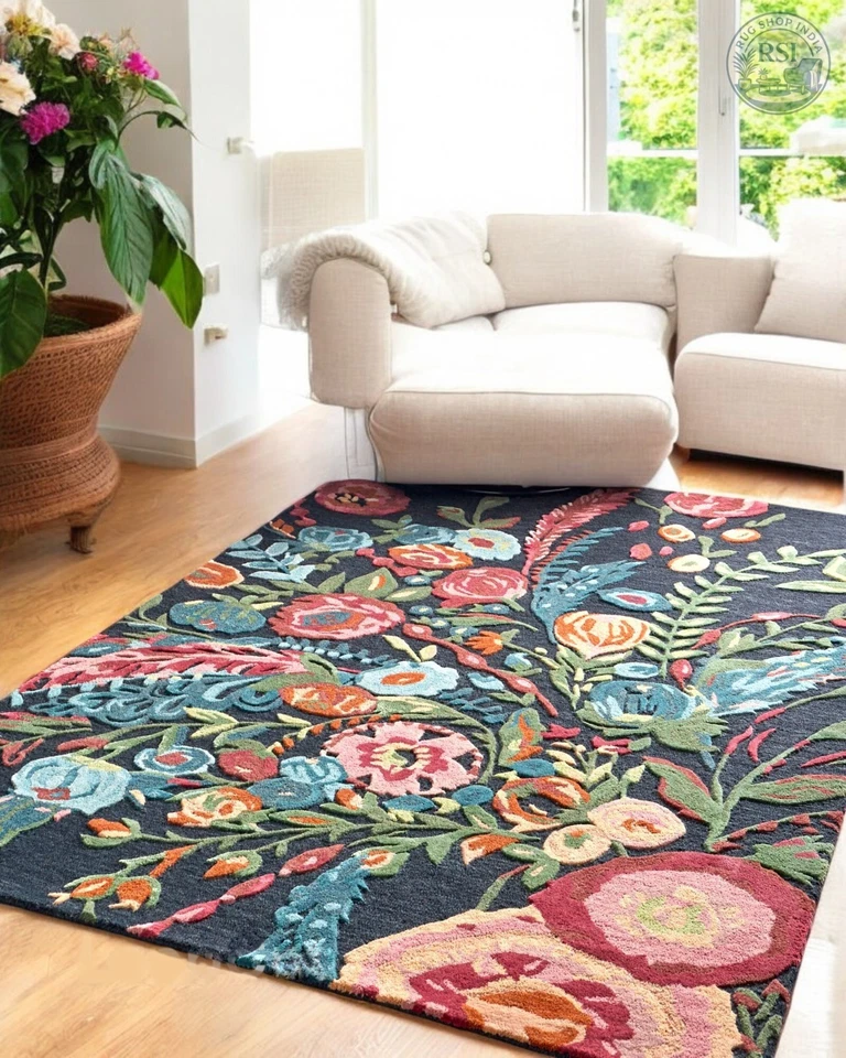 Tapete de área antigo floral tufado de lã | Tapete de pelúcia macia feito à mão para sala de estar - Imagem 1 de 4