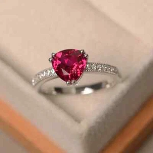 Ehering 2,20 kt natürlicher Rubin im Billionenschliff & echter Diamant 14 K Weißgold Größe AL - Bild 1 von 5